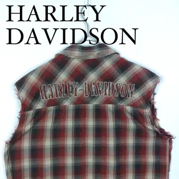 HARLEY DAVIDSON 체크 무늬 슬리브리스 셔츠 베스트 자수 로고