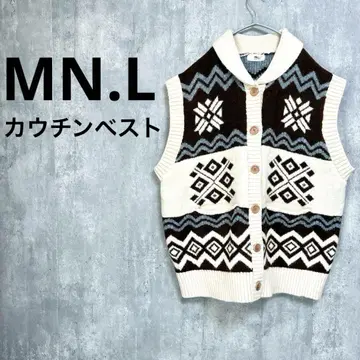 새상품급 MN.L 숄카라 코위찬 니트 베스트 여성용 브라운 화이트 패턴