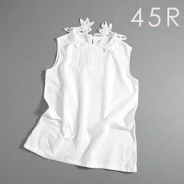 45R 포백 x 천축 이소재 플라워 옷깃 레이스 슬리브리스 상의