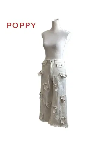 POPPY 포피 리본 장식 프린지 데님 플레어 팬츠