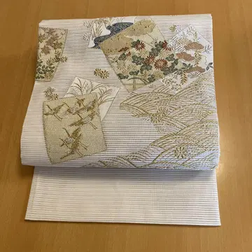 순수 실크 명주 후쿠로 오비 화이트 베이스 자수