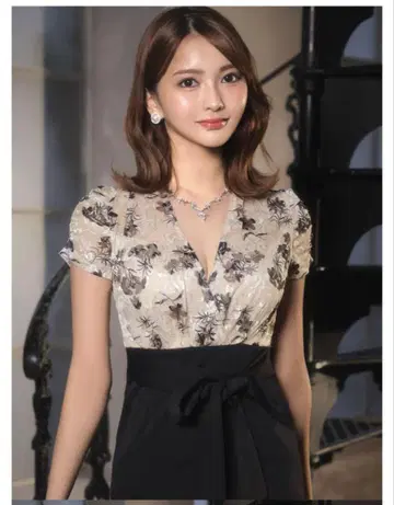 플라워 카슈쿨 허리 리본 타이 롱 드레스 L