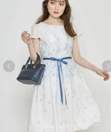 토코 클로젯 원피스 리본 허리 리본 블루 꽃무늬
