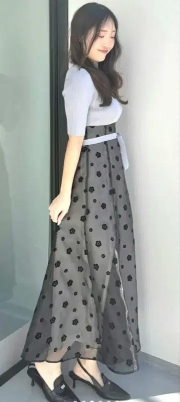 MARY QUANT 콜라보 데이지 플로키 프린트 도킹 니트 원피스