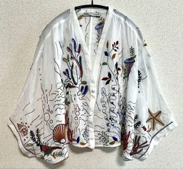 ZARA 자라 전체 자수 바다 7부 소매 화이트 볼레로 셔츠