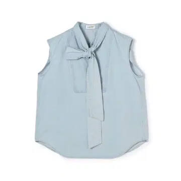 MACPHEE 코튼 셀룰로오스 데님 보타이 슬리브리스 블라우스