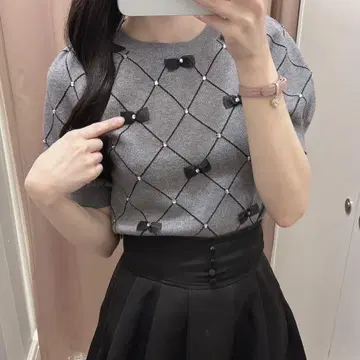 evelyn 라메 리본 니트 반팔 양산형 지뢰계