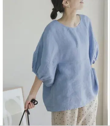 새상품급 어반 리서치 도어즈 린넨 벌룬 슬리브 블라우스 반팔 블루
