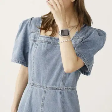 스퀘어넥 퍼프 슬리브 데님 원피스