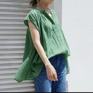 프레임워크 보일 개더 프렌치 슬리브 블라우스 그린 넉넉한 핏