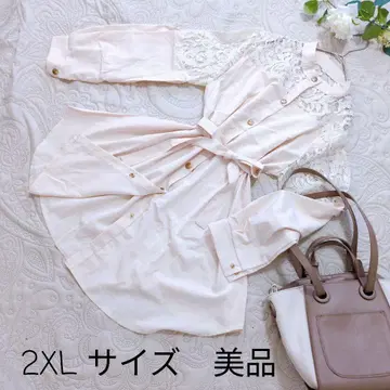 [새상품급] 2XL 사이즈 베이지 레이스 소매 버튼업 원피스 허리 리본