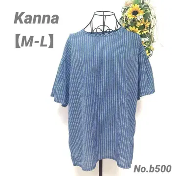 Kanna 튜닉 반팔 티셔츠 M-L 블루 스트라이프 밑단 프릴