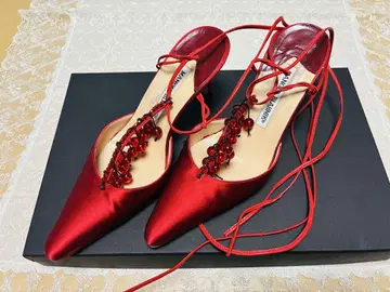 빨간색 새틴 스틸레토 하이힐 23cm