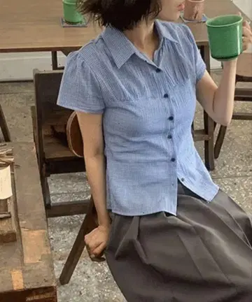 시나브 체크 셔링 캡 슬리브 셔츠