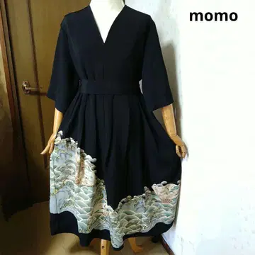 순수 실크 검정색 토메소데 허리 리본 장식 주름 원피스 기모노 리메이크
