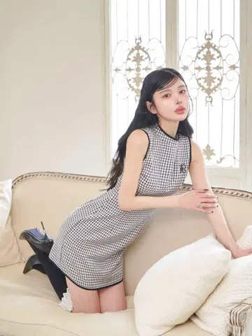 Darich 허리 오픈 체크 미니 원피스 BLK