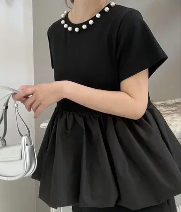 MYU 펄 벌룬 티셔츠 블랙