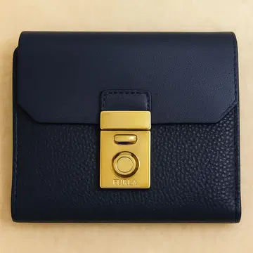 FURLA 훌라 접이식 지갑 네이비 골드 금장 장식 가죽