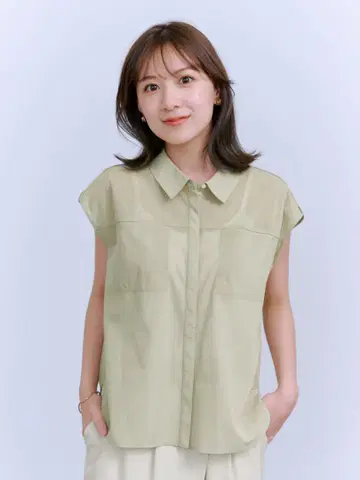 코히나 COHINA [접촉 냉감] 트리코 시어 슬리브리스 셔츠 그린