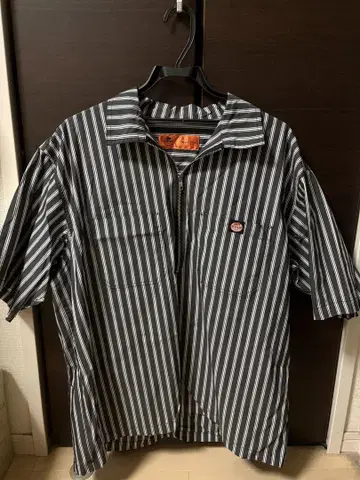 RREAK'S STORE 워크 셔츠 반팔 블랙/화이트 스트라이프