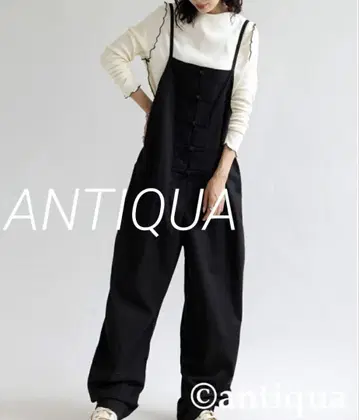 ANTIQUA 차이나풍 린넨 혼방 멜빵바지 블랙