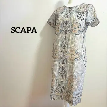SCAPA 페이즐리 무늬 반팔 무릎 기장 원피스 베이지 새상품급 럭셔리