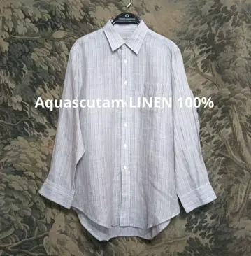 Aquascutam 린넨 100% 스트라이프 셔츠 아쿠아 스큐텀