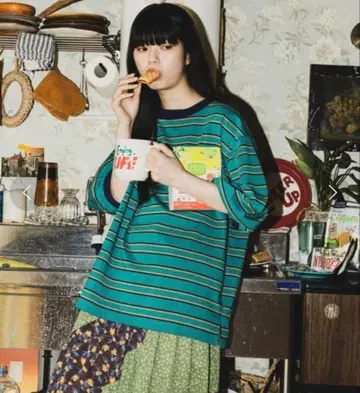 니코앤드 코튼 천축 3D 슬리브 풀오버 그린 보더 L