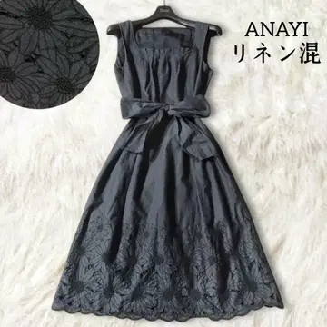 아나이 마 혼방 린넨 혼방 원피스 36 슬리브리스 컷워크 자수 무릎 기장