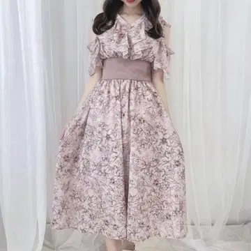 꽃무늬 리브 OP 꽃무늬 리브 원피스 허리 리브 evelyn 에블린 핑크