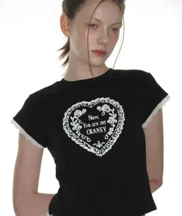 crank Lace Heart Print Top_Black