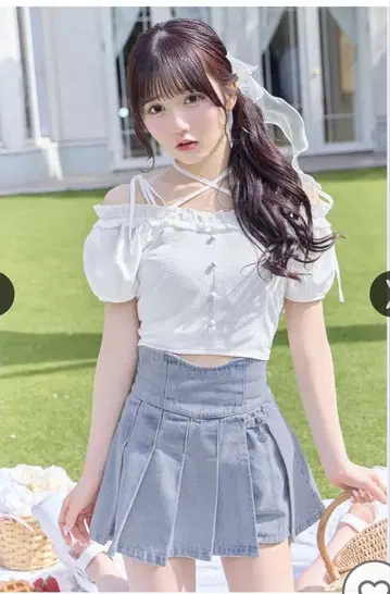 데님 플리츠 스커트 라이트 블루
