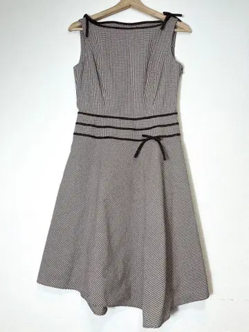 m's gracy 슬리브리스 원피스 화이트 블랙 체크 리본 M 38
