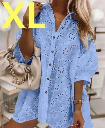 추천 s 자수 장식 5부 소매 튜닉 라이트 블루 XL 귀여움