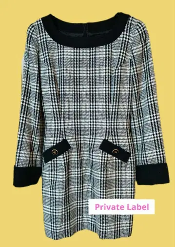 Private Label 체크 무늬 긴팔 미니 원피스