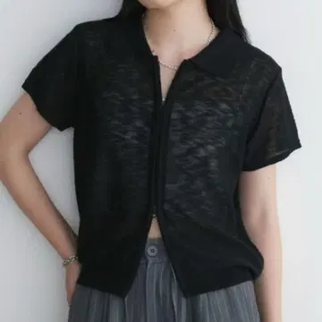 Aunt Marie's 프론트 지퍼 시어 하프 슬리브 폴로 상의