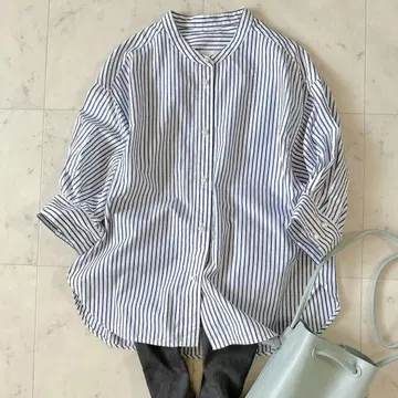 새상품급 스픽 앤 스팬 펄 버튼 개더 슬리브 셔츠 스트라이프