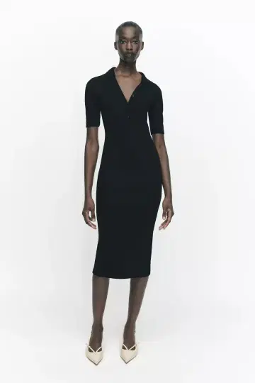 ZARA 인터락 폴로넥 원피스 블랙