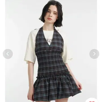 홀터넥 벌룬 체크 셔링 미니 원피스