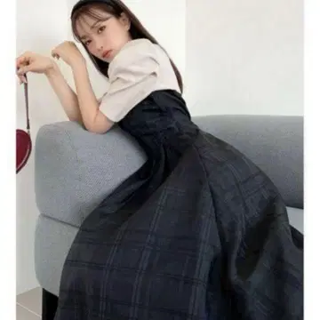 새상품급 RESEXXY 체크 레이어드 플레어 원피스 블랙 도킹