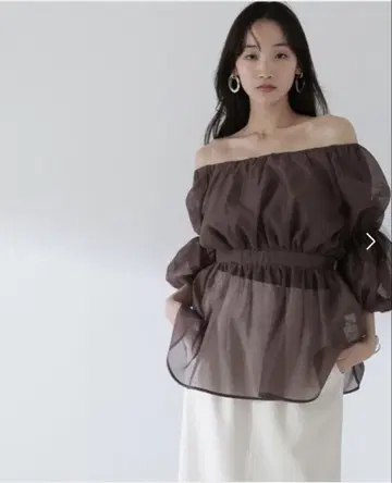 시어 개더 페플럼 블라우스 반팔 브라운 S 사이즈