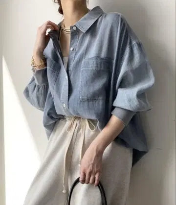 [미사용 새상품] DouDou 블라우스 셔츠 소매 리브 시어 데님 셔츠
