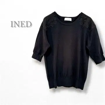 INED 이네드 썸머 니트 반팔 블랙 어깨 레이스 자수 크루넥 M