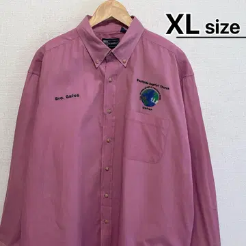USA 구제 워크 셔츠 긴팔 XL 핑크 자수 지구 로고 버튼다운
