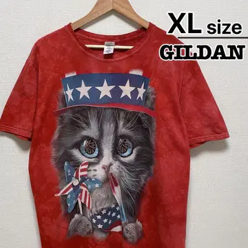 USA 구제 의류 길단 T셔츠 XL 레드 타이다이 패턴 고양이 캣 애니멀