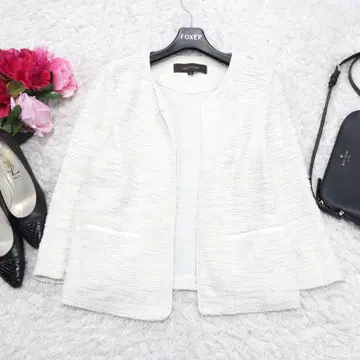 G7259*유나이티드 애로우즈 트위드 노카라 자켓 크림색
