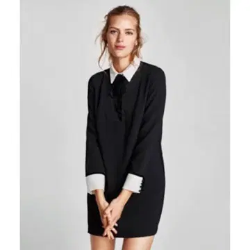 ZARA 대비 카라 부착 벨로아 리본 원피스 미디 셔츠 원피스