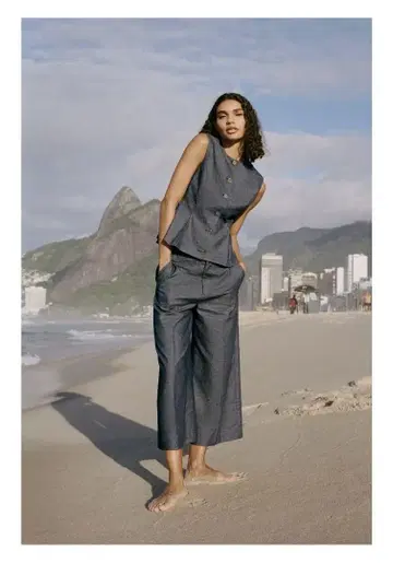 ZARA 자라 린넨 블렌드 셋업 팬츠 다트 베스트 상하의 M
