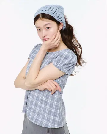 fekete 퍼프 슬리브 체크 블라우스