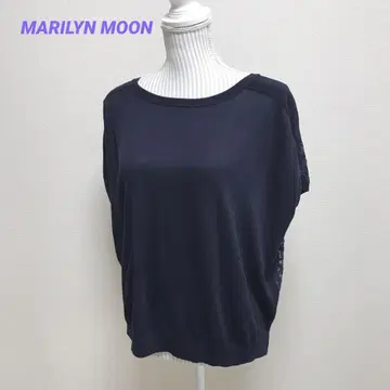 마릴린 문 반팔 니트 이소재 풀오버 레이스 리본 네이비